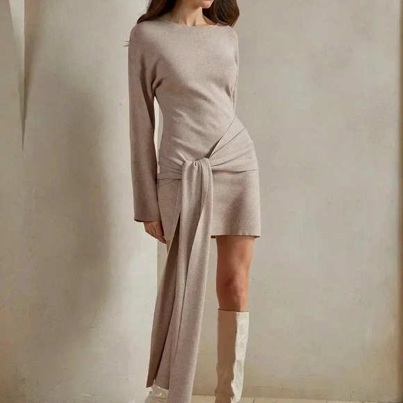 Apricot Casual Women's Crew Neck Long Sleeve Tie Hem Casual Sweater Dress - Picture 4 of 7